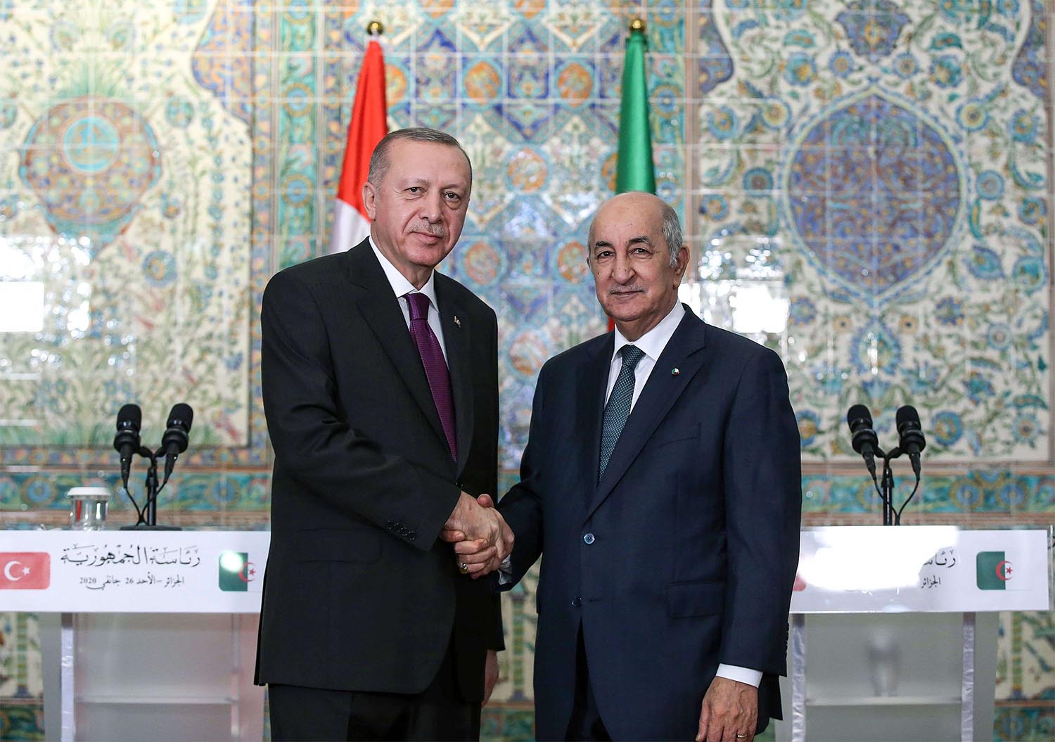 Erdogan (L) shaking hands with Tebboune