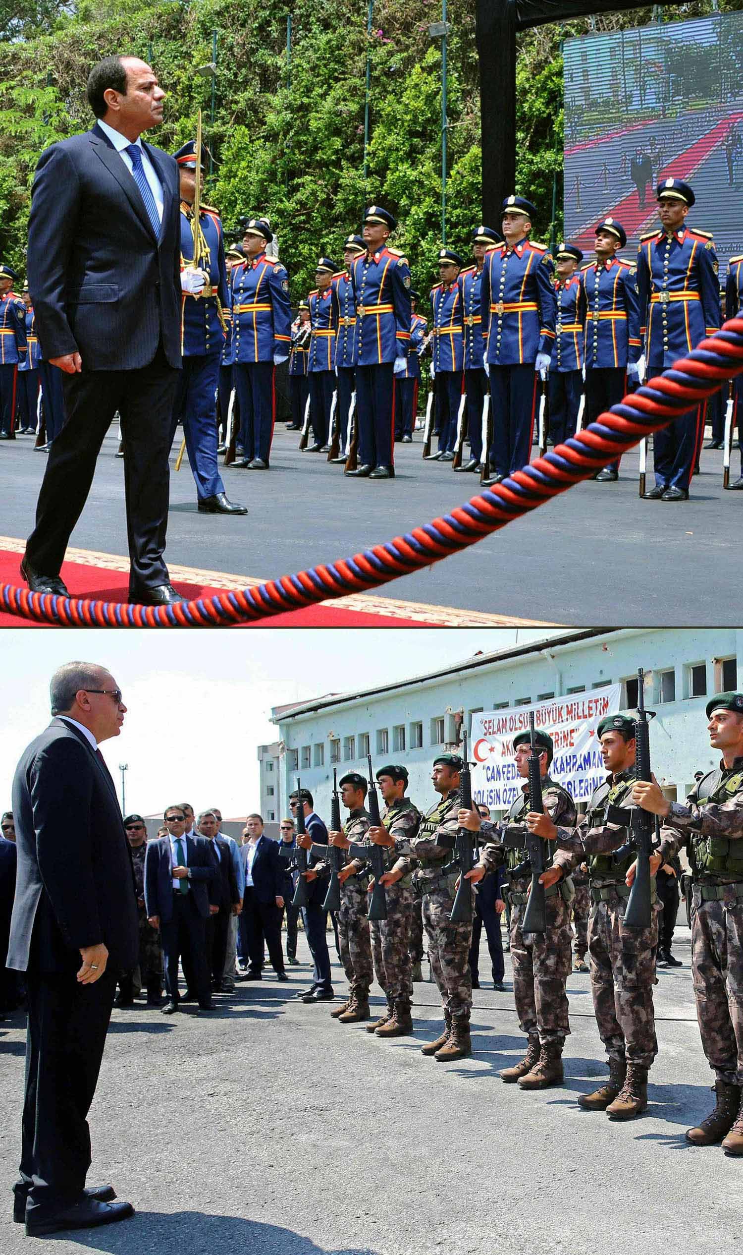 الرئيس المصري عبدالفتاح السيسي يستعرض جنوده والرئيس التركي رجب طيب أردوغان يستعرض جنوده