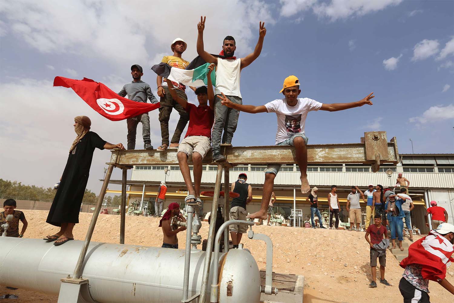 Tunisian protesters at the oil and gas plant in el-Kamour, in Tunisia's southern state of Tataouine
