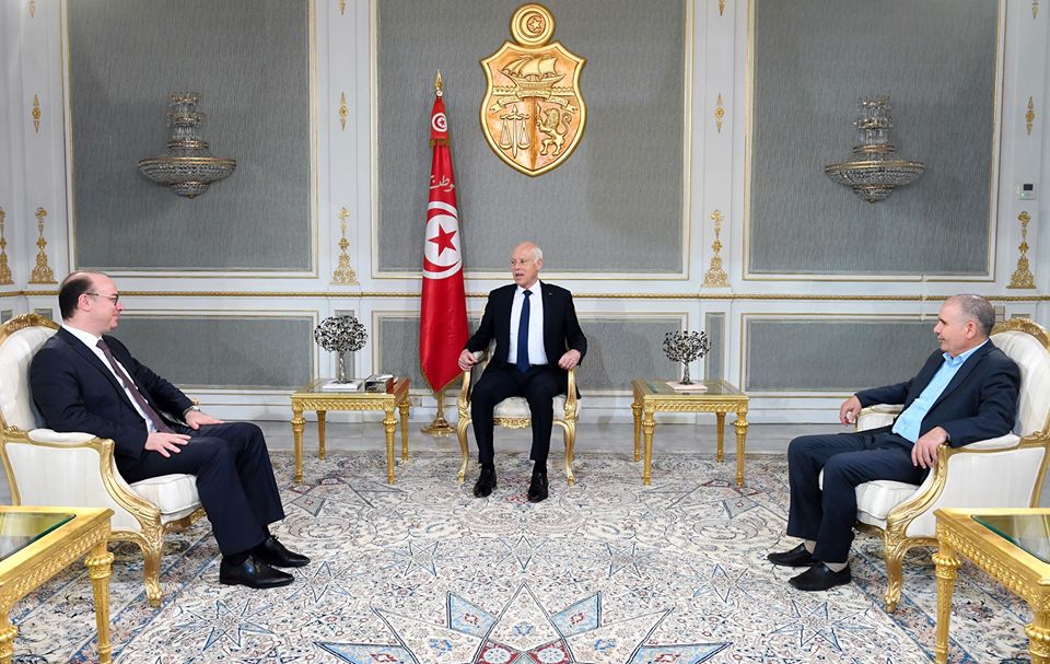 لقاء الرئيس التونسي قيس سعيد برئيس الحكومة الياس الفخفاخ والأمين العام لاتحاد الشغل نورالدين طبوبي