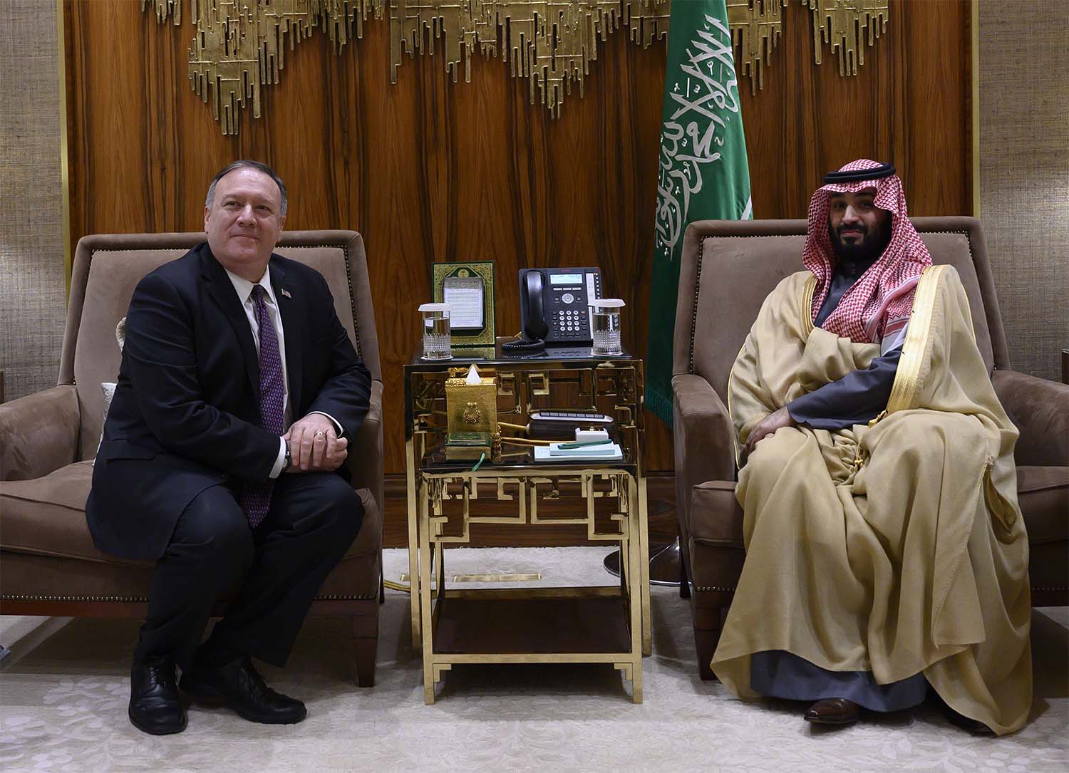 US Secretary of State Mike Pompeo meets with Saudi Arabia's Crown Prince Mohammed bin Salman at Irqah Palace, in Riyadh, February 2020