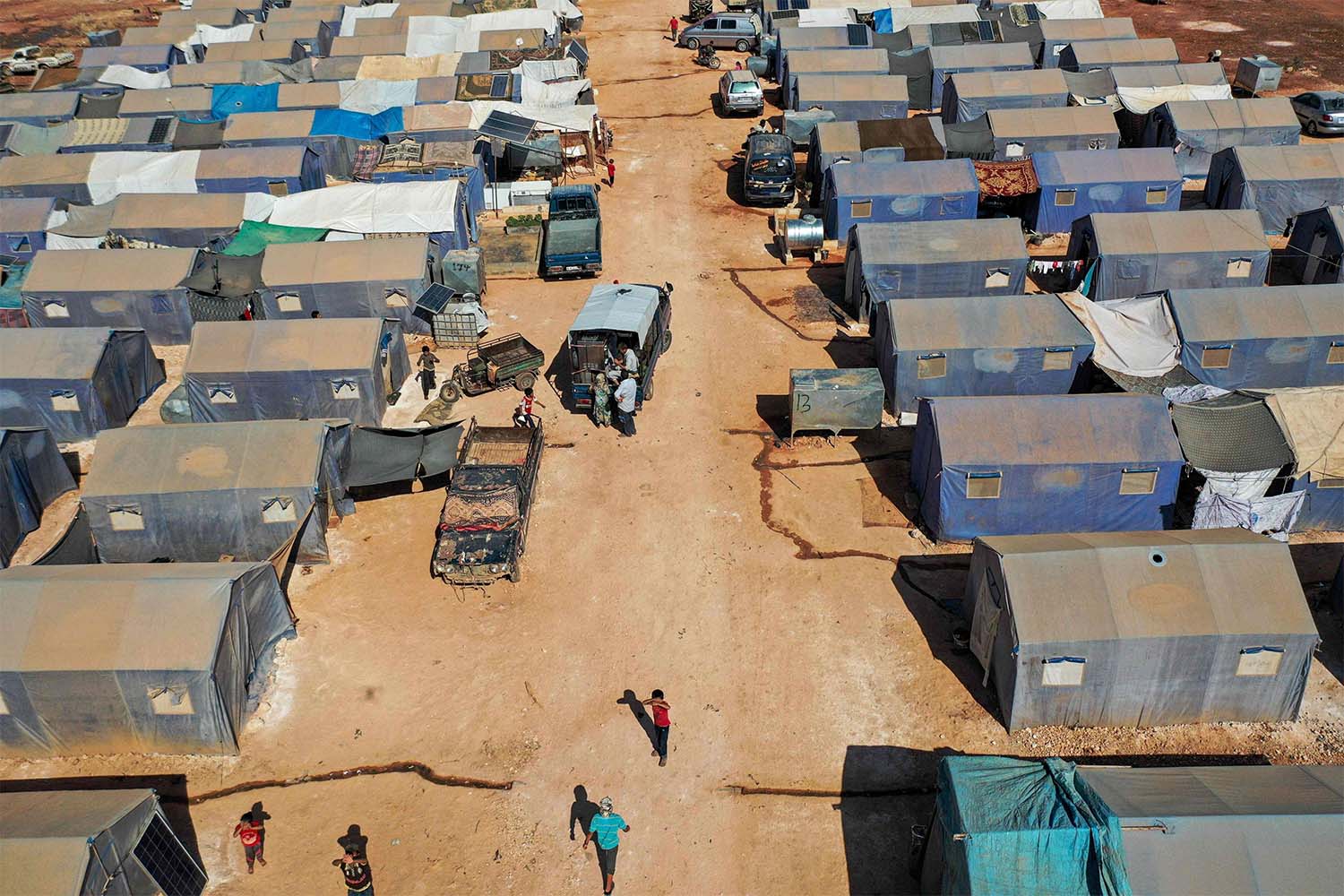 Aerial view of tents at the Azraq camp for displaced Syrians near the town of Maaret Misrin in Syria's northwestern Idlib province
