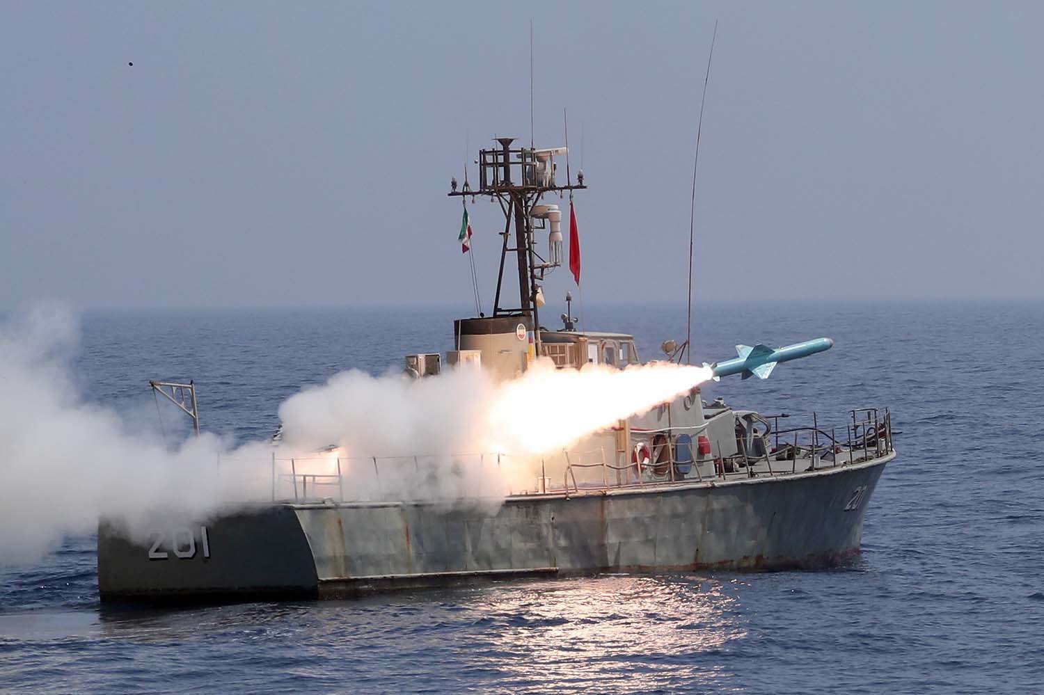 Iranian Nasr missile being fired from a navy warship during the second day of a military exercise in the Gulf last week