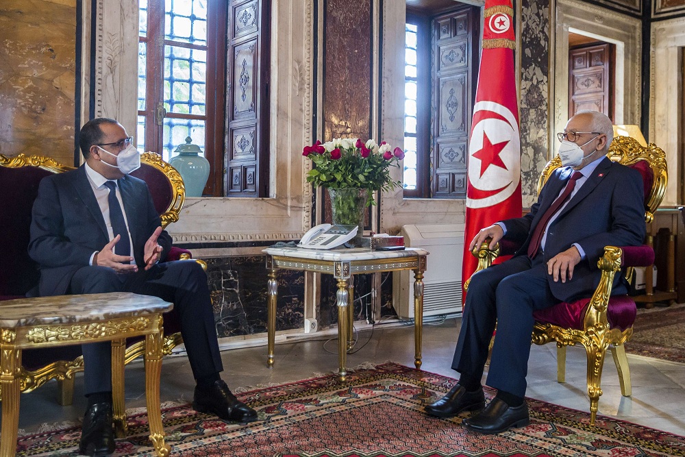 رئيس حركة النهضة والبرلمان راشد الغنوشي في لقاء مع رئيس الحكومة هشام المشيشي