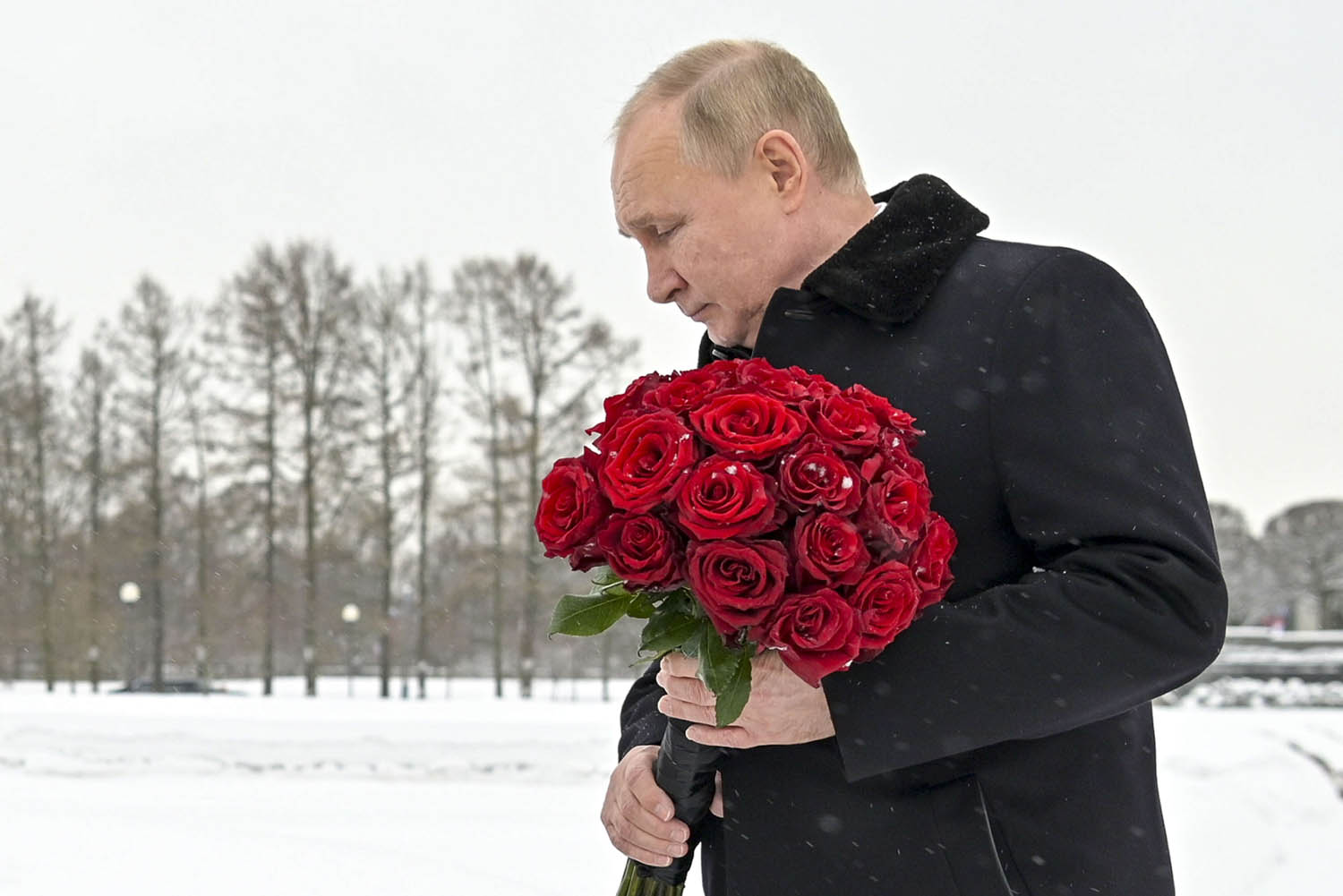 الرئيس الروسي فلاديمير بوتين يضع باقة زهور على شواهد قبور ضحايا معارك لينينغراد في الحرب العالمية الثانية