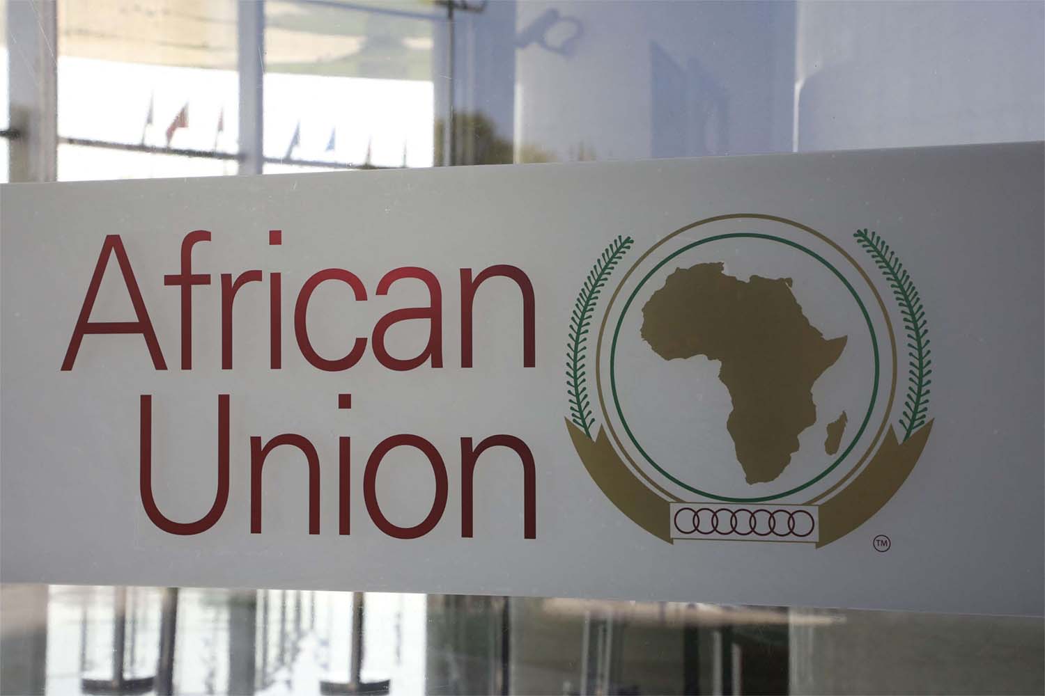 The logo of the African Union is seen at the entrance of the AU headquarters  in Addis Ababa