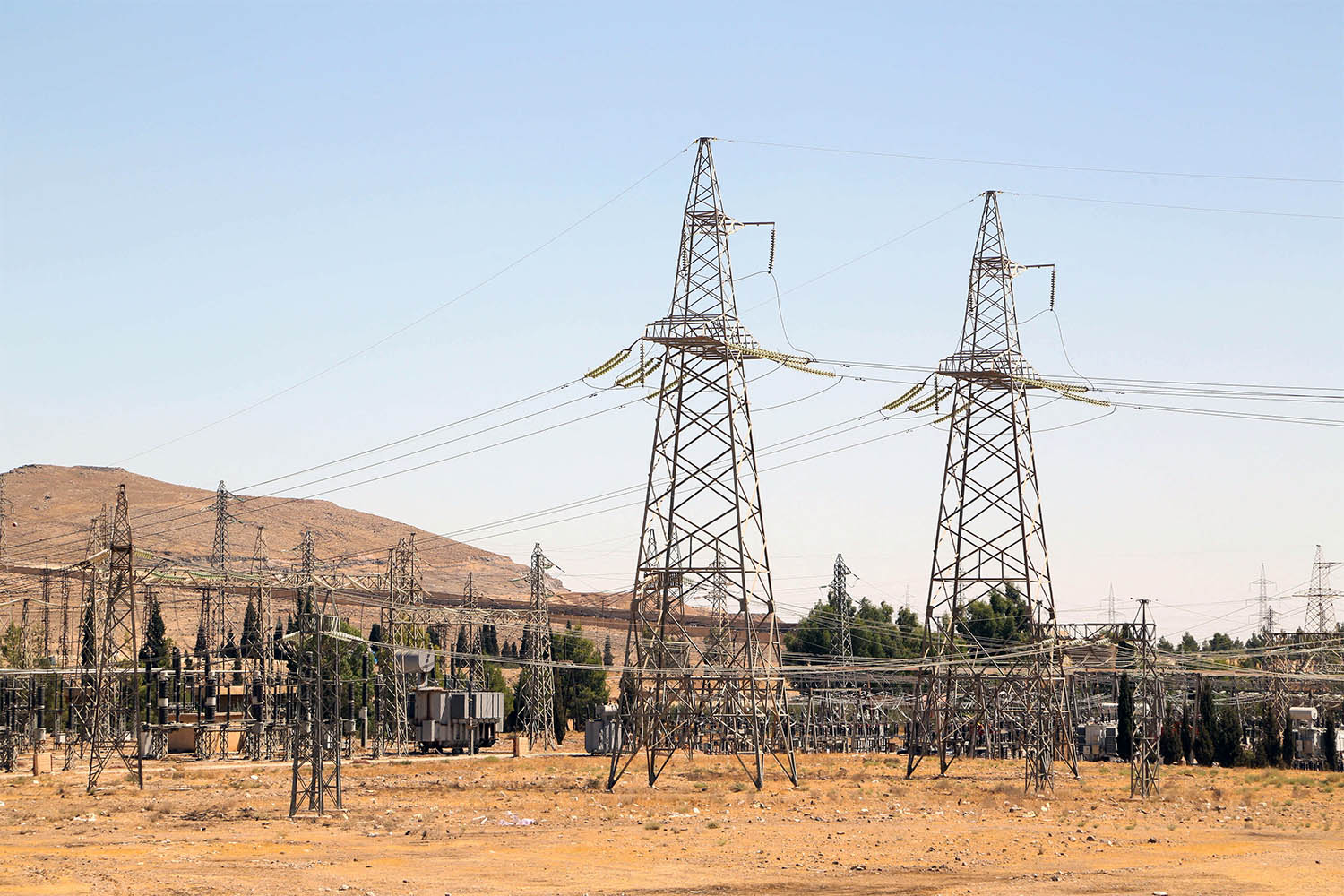 A view shows electricity pylon's in Kiswah, Damascus suburbs