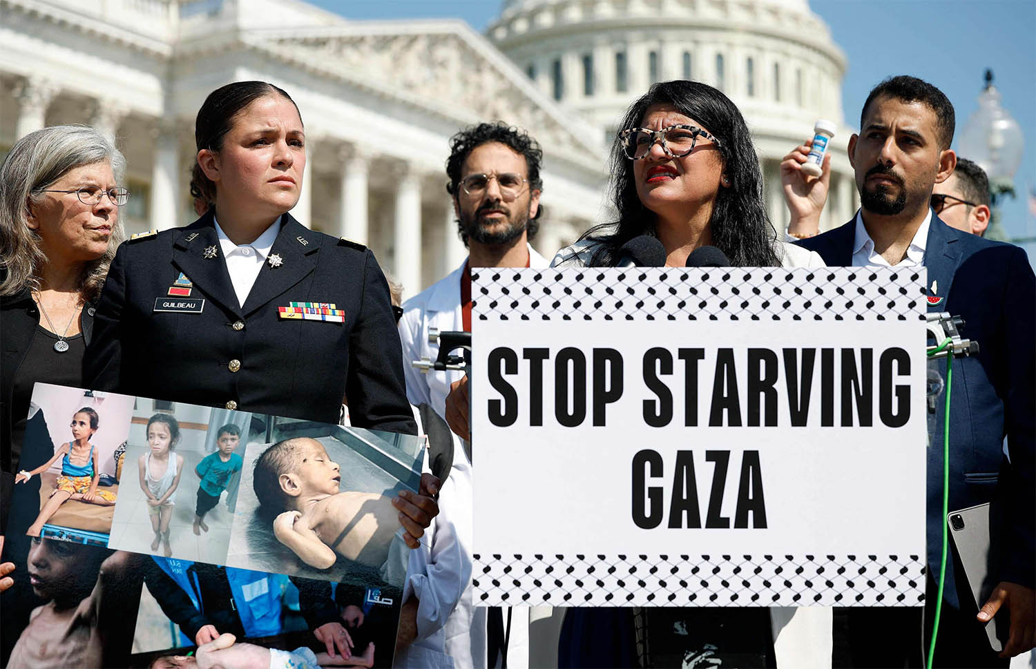 US Rep. Rashida Tlaib (D-MI), joined by Palestinian rights activists, protests for more food aid to Gaza