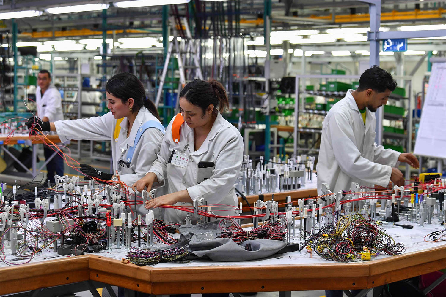 Employees work in a cable factory of the German company Draxlmaier, specialized in the manufacture of automotive components, in Jemmal city in Monastir, Tunisia