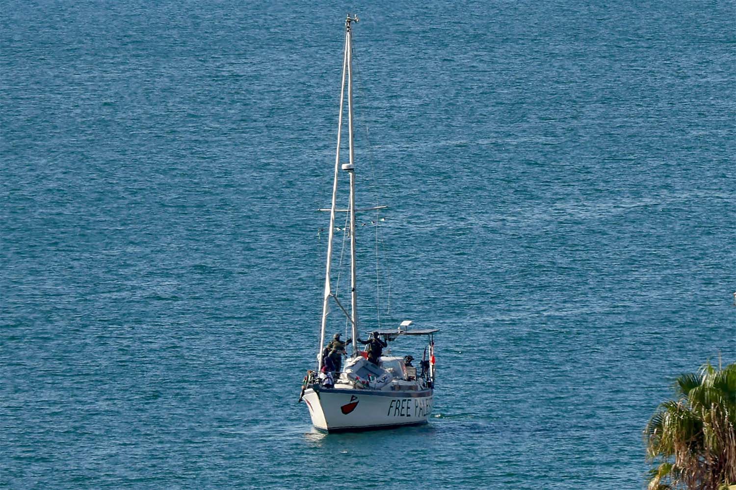 A boat from the Global Sumud Flotilla intercepted by Israeli forces in the Mediterranean sea off the Gaza Strip waters