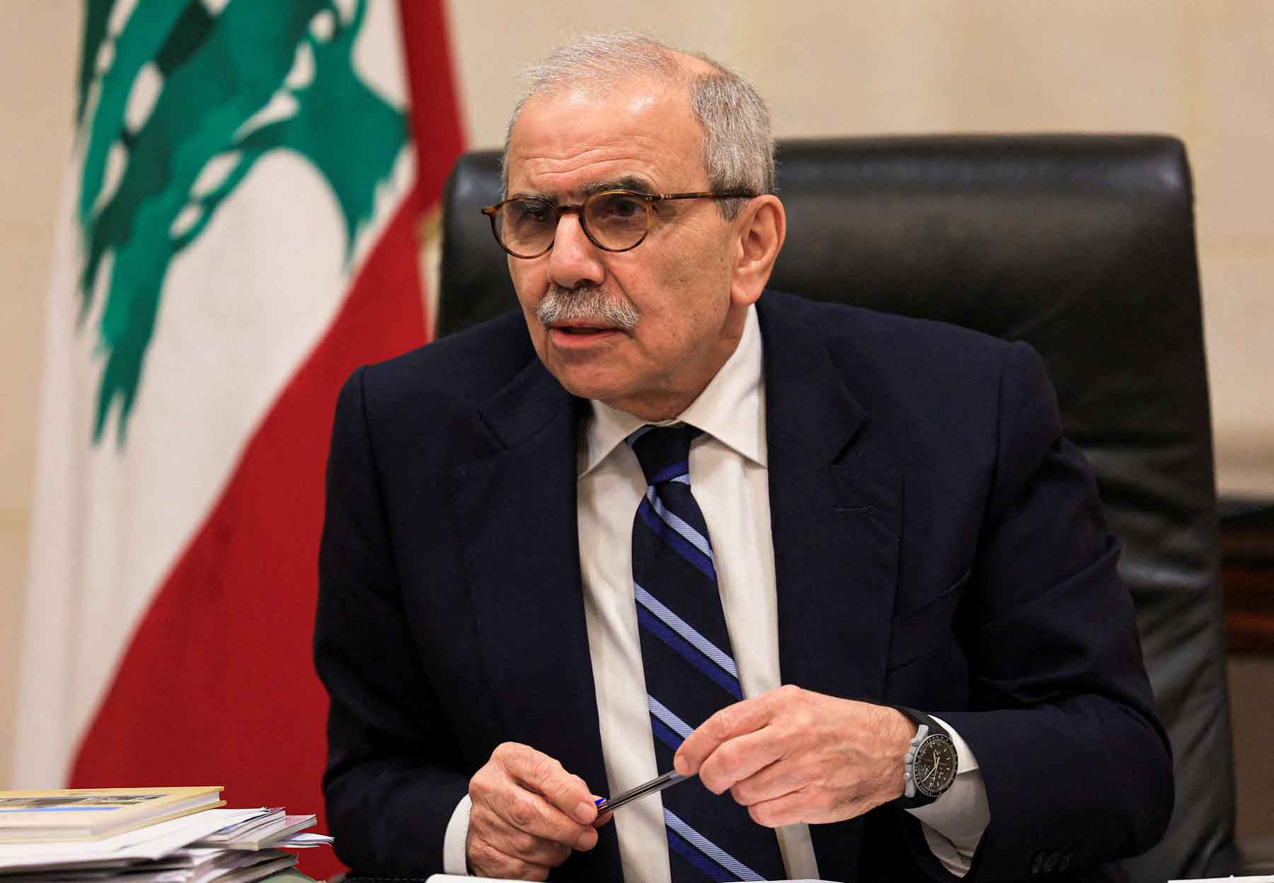 Lebanese Prime Minister Nawaf Salam speaks to journalists at the government headquarters in Beirut.