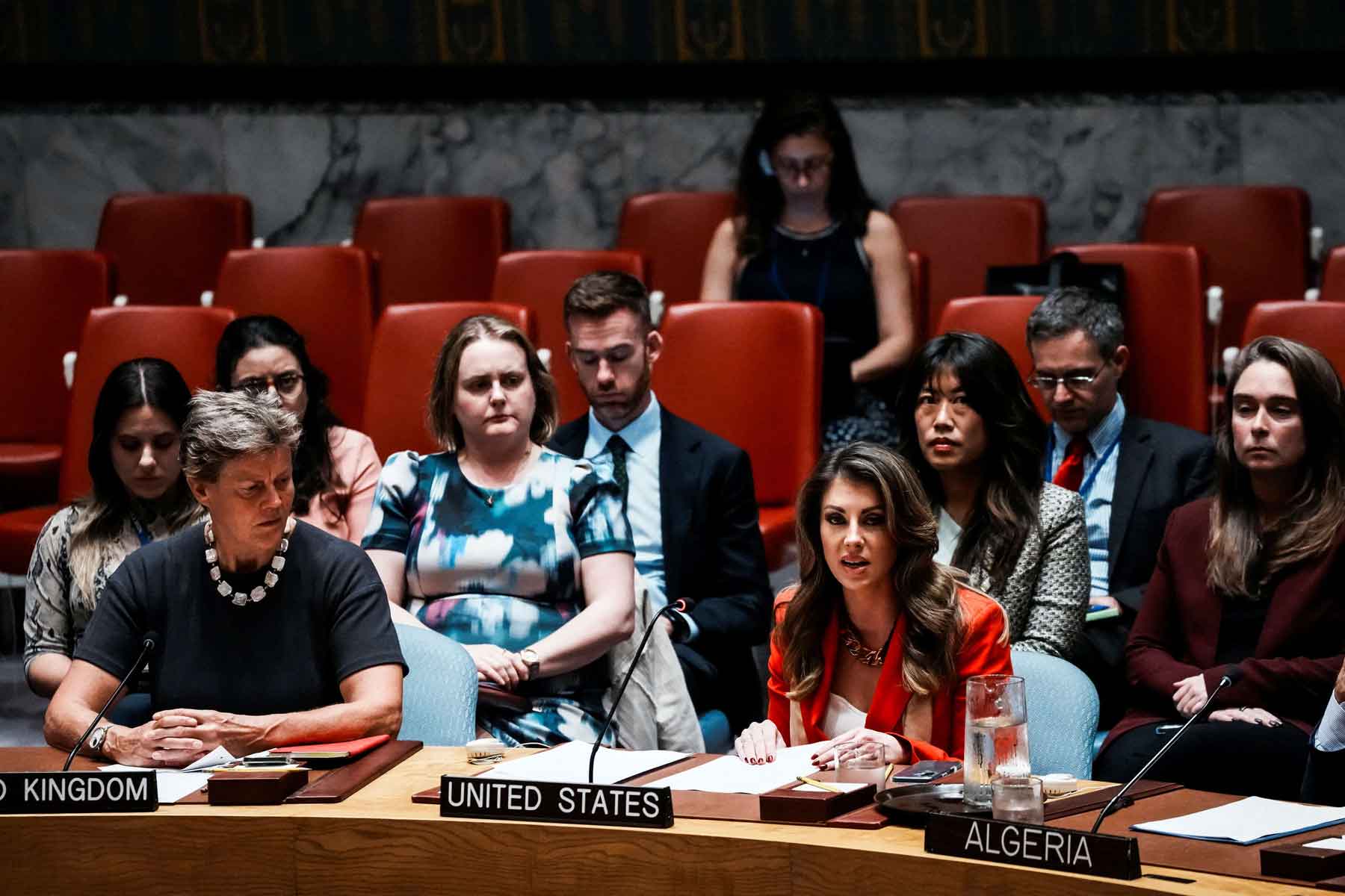 Deputy United States Special Envoy to the Middle East Morgan Ortagus speaks to members of the UN Security Council in New York City, September 18, 2025.
