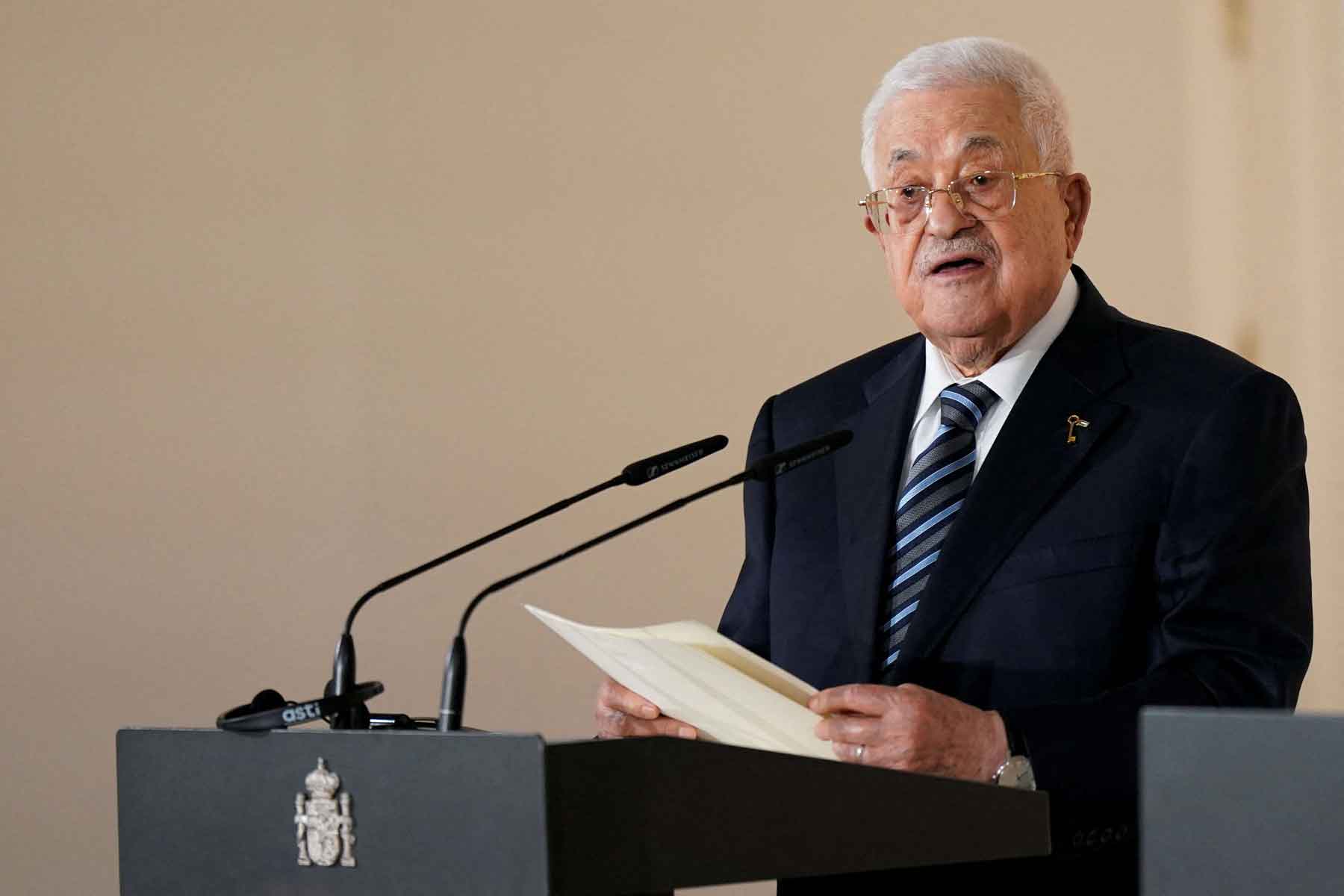 Palestinian Authority President Mahmoud Abbas holds a news conference at Moncloa Palace in Madrid, December 10, 2025. 