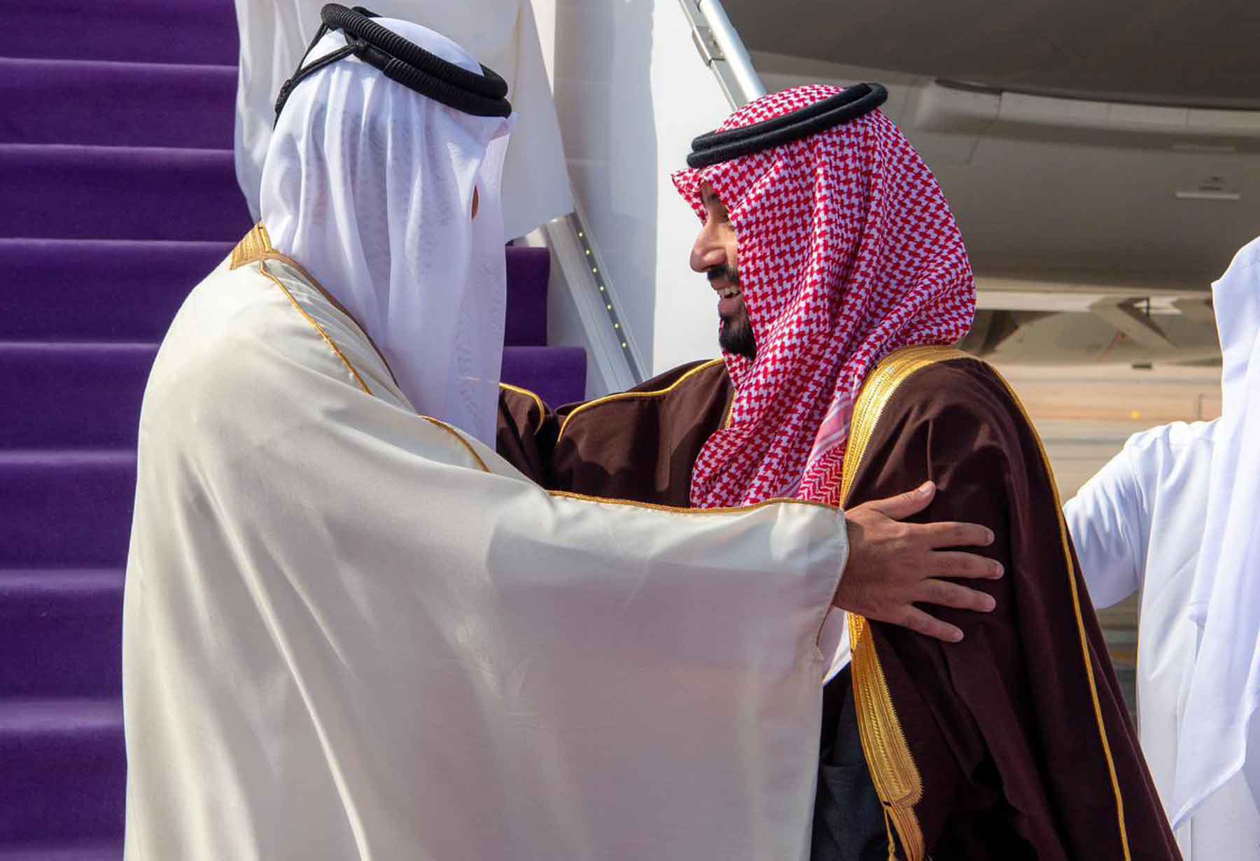 Saudi Crown Prince Mohammed bin Salman greets visiting Qatar’s Emir Sheikh Tamim bin Hamad Al Thani in Riyadh, December 08, 2025. 