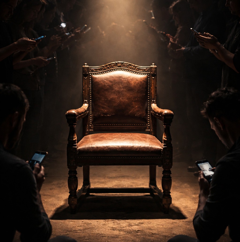 صورة تجريدية لكرسي خشبي عتيق (كرسي الناقد الأكاديمي) فارغ تحت ضوء مسلط، بينما يزدحم المشهد حوله بظلال لأشخاص يحملون هواتفهم ويكتبون، مما يجسد فكرة تراجع السلطة المركزية للناقد التقليدي