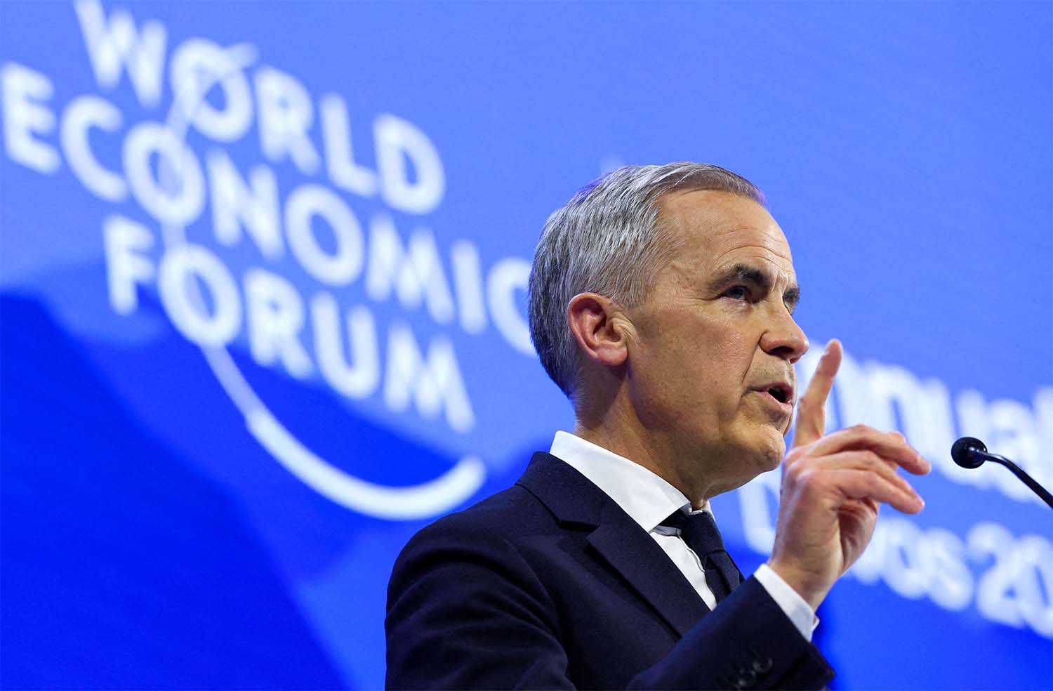 Canada's PM Mark Carney speaks during the 56th annual World Economic Forum meeting in Davos