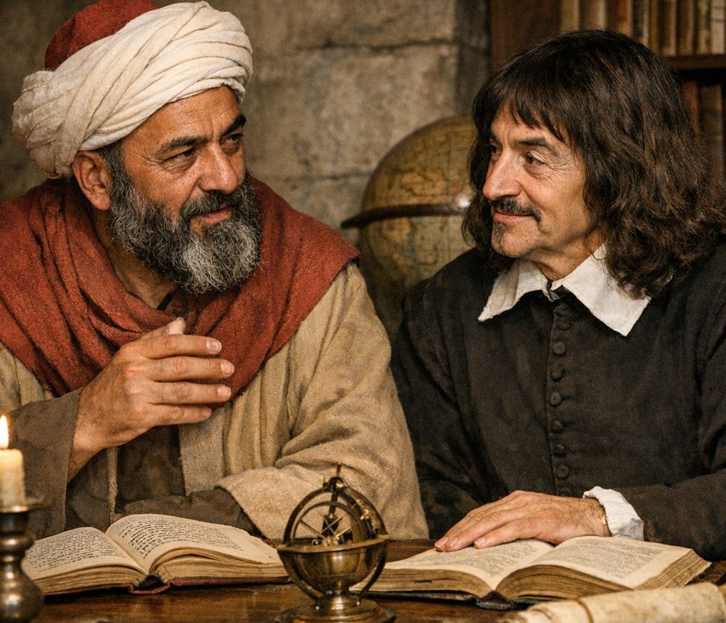 صورة متخلية بالذكاء الاصطناعي للامام أبوحامد الغَزَالي مع ديكارت