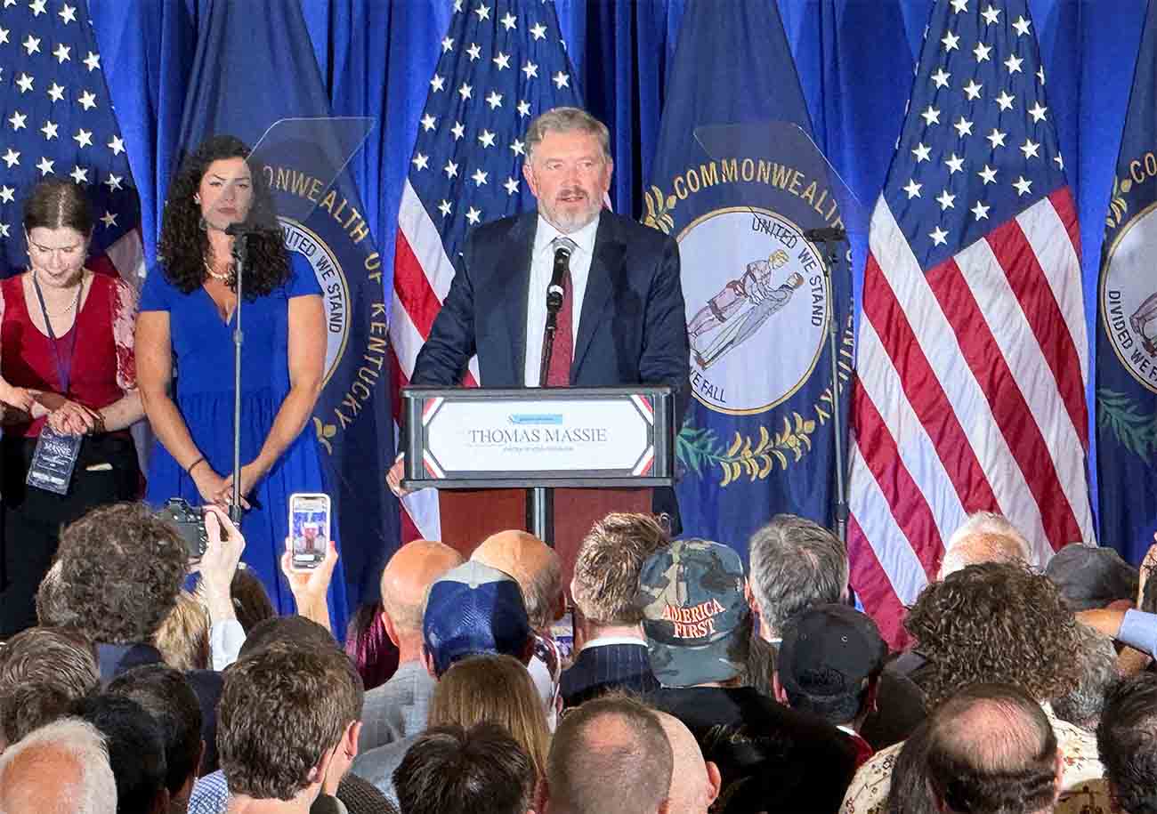 Representative Thomas Massie (R-KY) gives his concession speech to supporters after losing the Republican primary in Kentucky