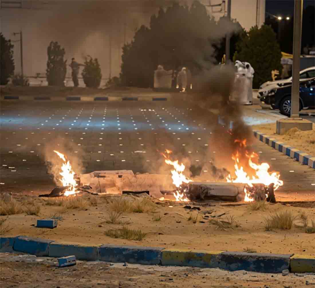 Debris burns on the ground in a parking lot following reports of missile and drone attacks, in Sabah Al Nasser, Kuwait