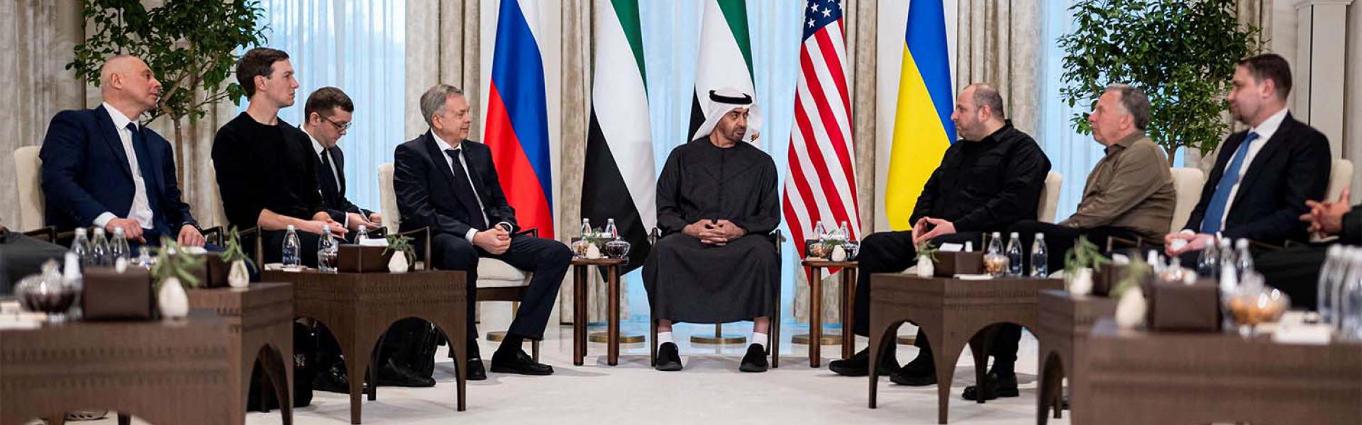 UAE President Sheikh Mohamed bin Zayed Al Nahyan receives the heads of delegations participating in the UAE-hosted trilateral talks between the US, Russia and Ukraine