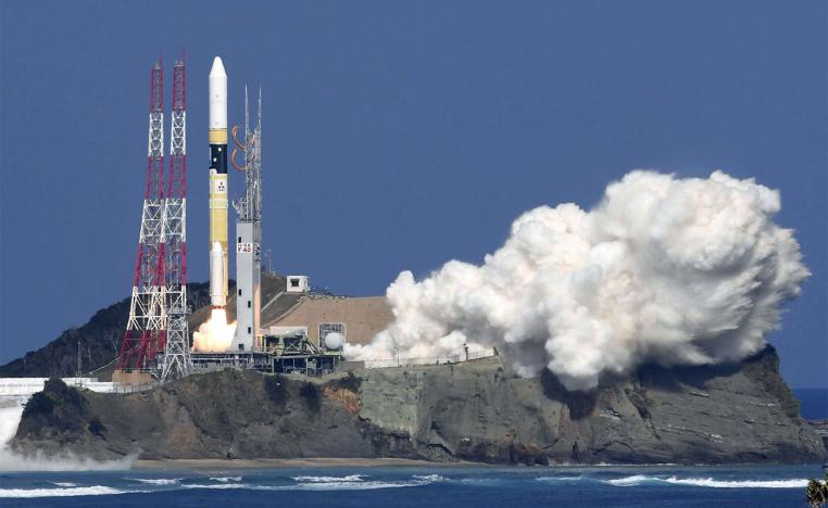 H-2A rocket lifts off as it carries an Ibuki-2 greenhouse gases observing satellite and KhalifaSat earth obervation satellite
