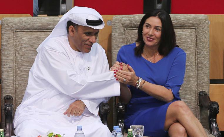 Israeli Culture and Sport Minister Miri Regev, right, shakes hands with Mohamed Bin Tha'loob Al Derai, President of UAE Wrestling Judo & Kickboxing Federation.