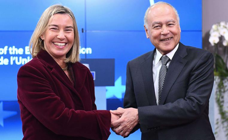  EU foreign policy chief Federica Mogherini (L) welcomes Arab League Secretary-General Ahmed Abul Gheit Ahmed Abul Gheit during a Foreign Affairs council at the European Council in Brussels, on February 26, 2018