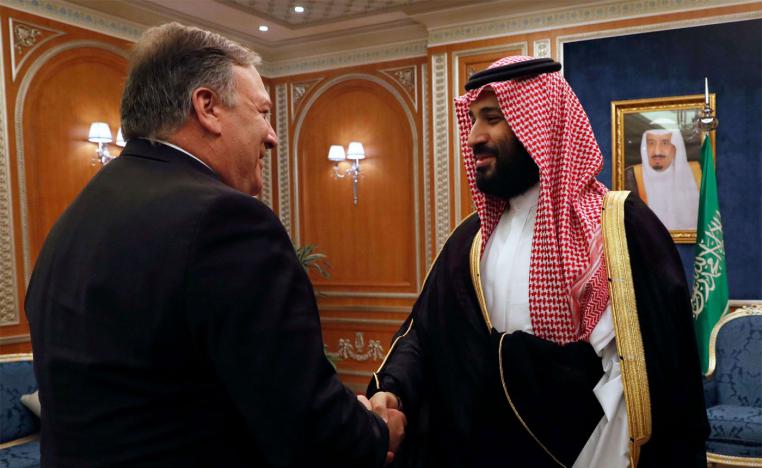 US Secretary of State Mike Pompeo (L) shakes hands with Saudi Crown Prince Mohammed bin Salman in Riyadh