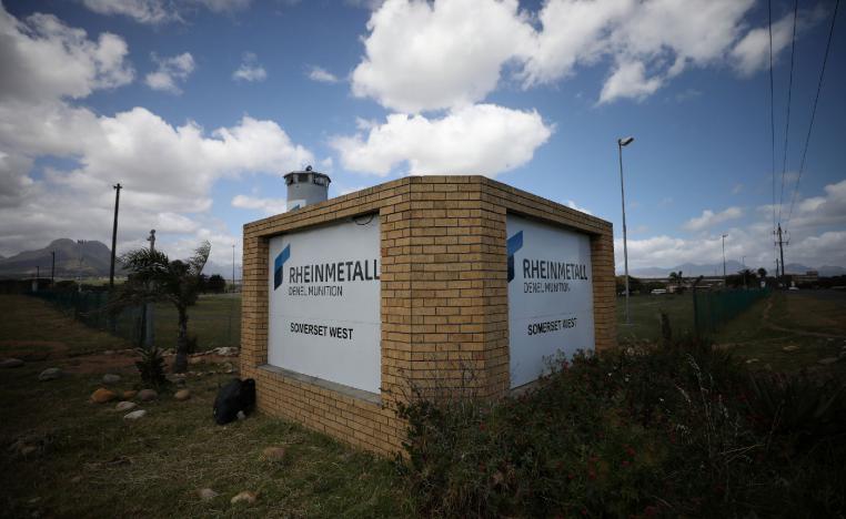 A corporate logo is seen outside the Rheinmetall Denel munitons plant near Cape Town, South Africa, November 6, 2018.