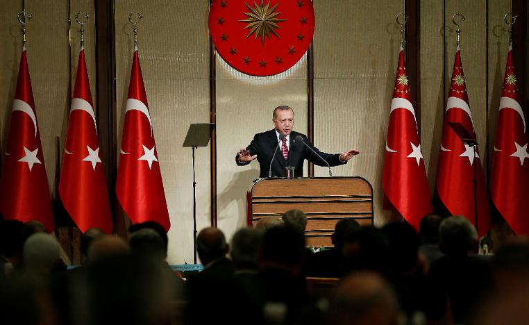 Turkish President Tayyip Erdogan makes a speech during his meeting with mukhtars at the Presidential Palace in Ankara, Turkey, November 21, 2018.