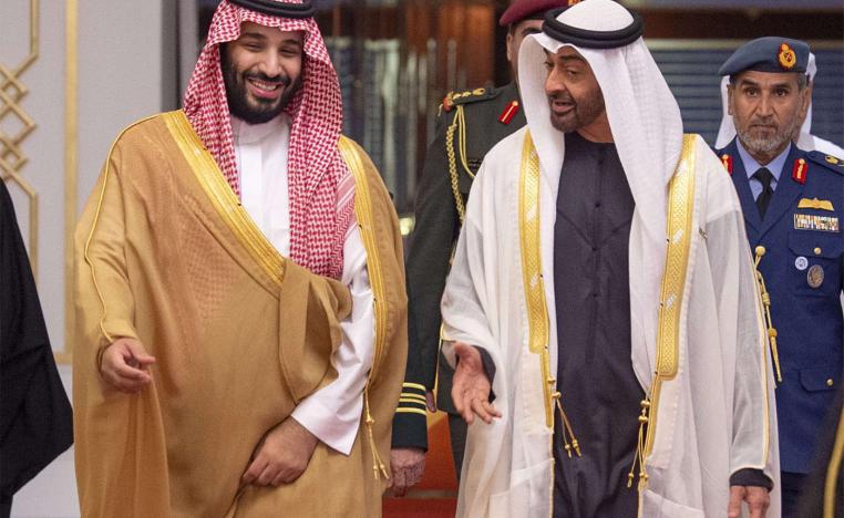 Saudi Crown Prince Mohammed bin Salman (L) received by Abu Dhabi's Crown Prince Sheikh Mohamed bin Zayed Al Nahyan