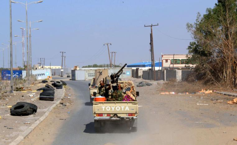 Yemeni pro-government forces are pictured on the eastern outskirts of Hodeidah.