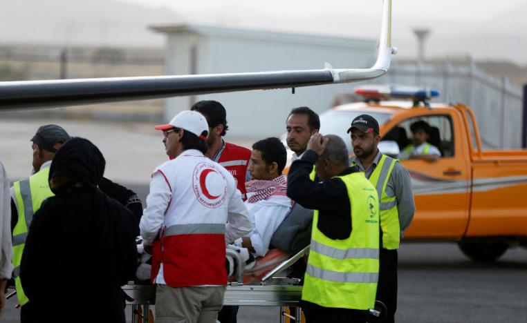 Saudi prisoner Moussa Awaji is taken on a stretcher to an ICRC plane at the Sanaa airport after he was released by the Huthis in Sanaa, Yemen January 29, 2019.