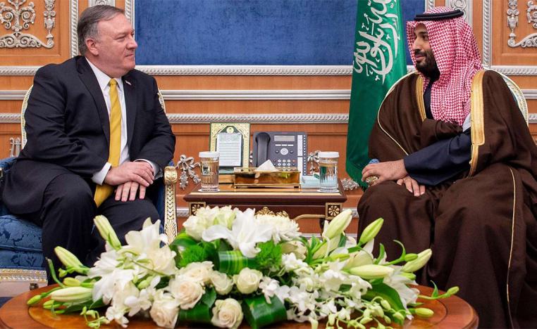 Saudi Crown Prince Mohammed bin Salman bin Abdulaziz Al Saud (R) meets with US Secretary of State Mike Pompeo at Al Yamamah Palace