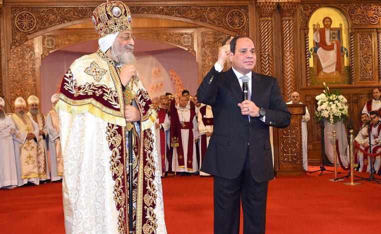Egyptian Coptic Pope Tawadros II (L) Pope of Alexandria and Patriarch of Saint Marc Episcopate receives Egyptian President Abdel Fattah al-Sisi in January 2018