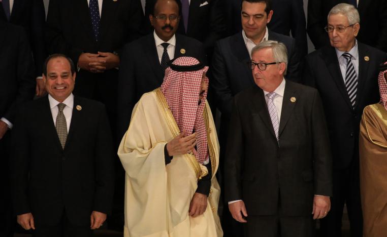 First row from left : Egyptian President Abdel Fattah el-Sisi, Saudi King Salman bin Abdulaziz Al Saud and European Commission President Jean-Claude Juncker pose for the family photo of the Arab League and European Union leaders during the European Union (EU) and League of Arab States (LAS) summit at the Sharm El Sheikh convention center.