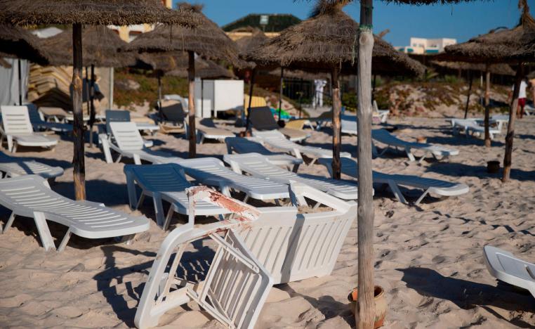 In this file photo taken on June 27, 2015, blood stains are seen on a deckchair at the beach of the Riu Imperial Marhaba Hotel, at the site of a shooting attack, in Port el Kantaoui, on the outskirts of Sousse south of the capital Tunis.