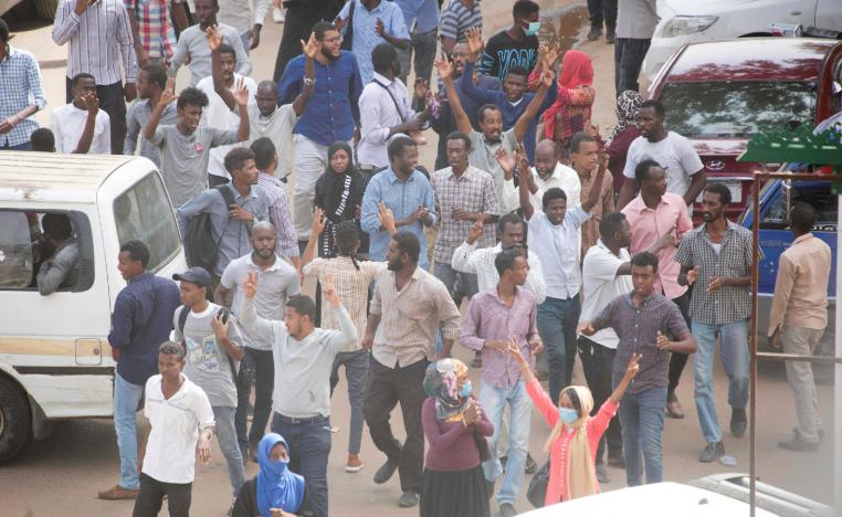 Sudanese demonstrators march during an anti-government protest in Khartoum, Sudan February 7, 2019.