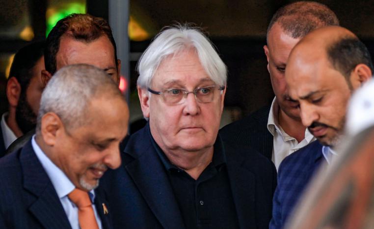 In this file photo taken on February 11, 2019 Martin Griffiths (C), the UN special envoy for Yemen, arrives at Sanaa international airport.