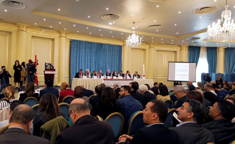 Tunisia's president of the independent electoral committee 'ISIE' Nabil Bafoun attends a news conference in Tunis