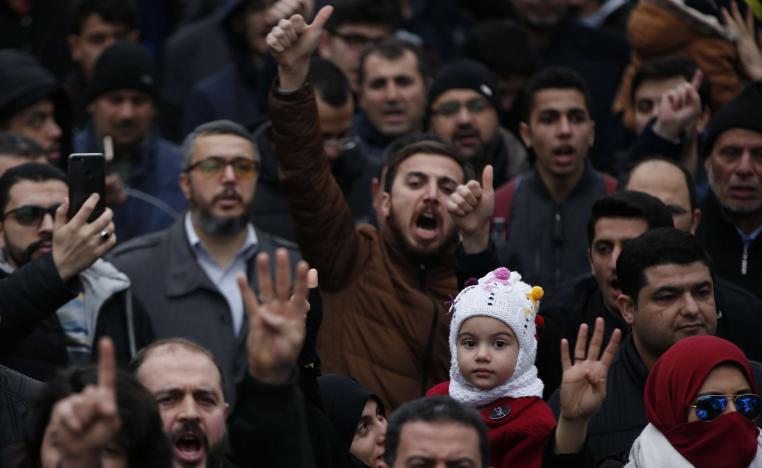 Demonstrators in Istanbul, Turkey chant slogans during a protest against the execution in Egypt of nine suspected Muslim Brotherhood members on March 2, 2019