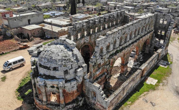 An aerial view shows the 5th century basilica in Qalb Lozeh village in northwestern Syria, on April 18, 2019.