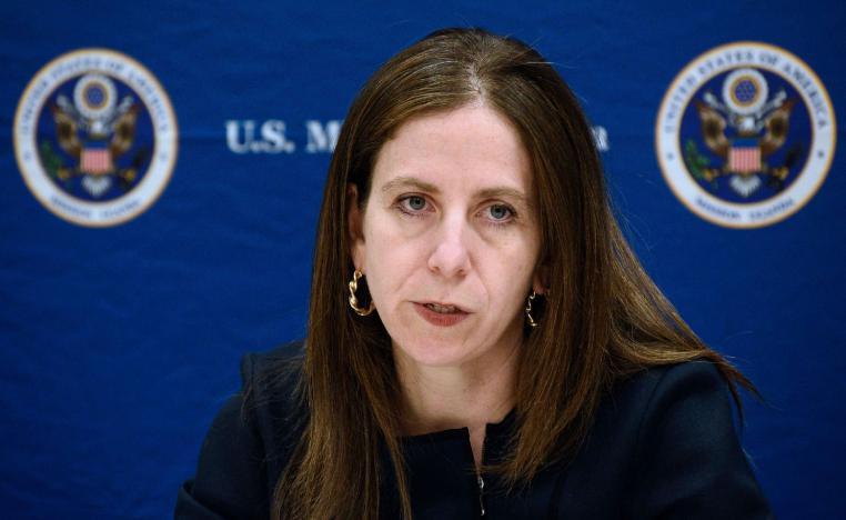 Photo taken on June 11, 2018, shows Sigal Mandelker, US Treasury Under Secretary for Terrorism and Financial Intelligence, addressing a press conference at the US Embassy in Kampala. (AFP)