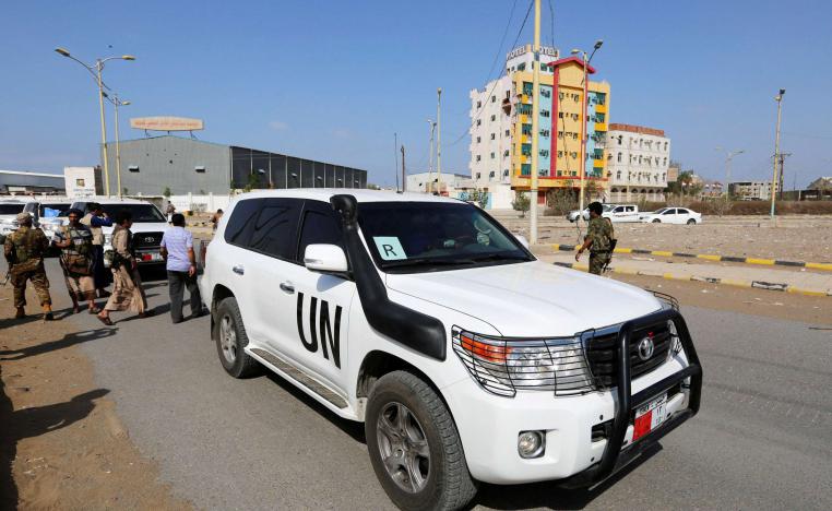 The convoy of a team from the United Nations and the World Food Program crosses from Houthi-controlled areas to a government-controlled areas to reach grain mills in an eastern suburb of Hodeidah, Yemen February 26, 2019.