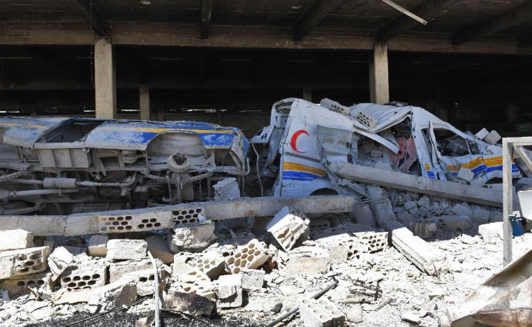 Destroyed ambulances and vehicles of the Syrian Civil Defence