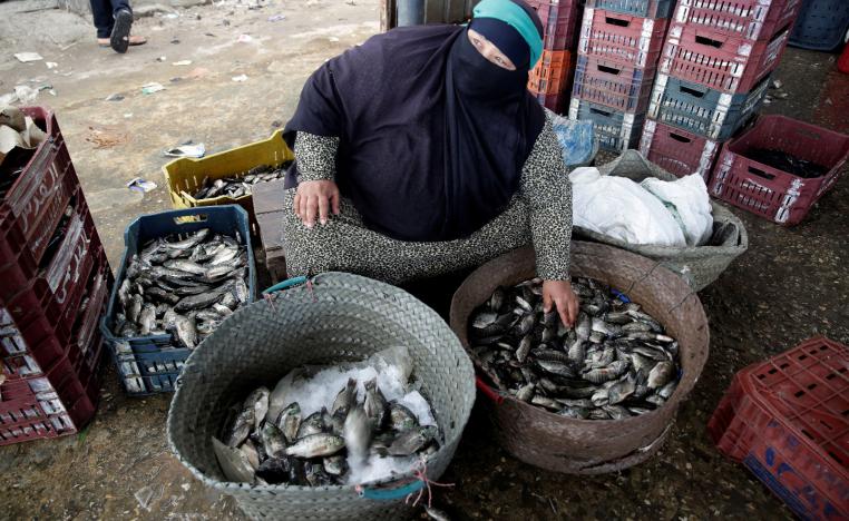 A woman sells fish caught by her husband at the market in Egypt's Nile Delta village of El Shakhluba