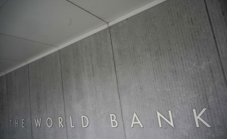 The World Bank Group logo is seen on the building of the Washington-based global development lender