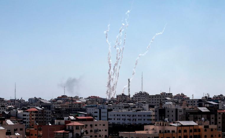 A picture taken from the Gaza Strip on May 4, 2019 shows missiles being launched