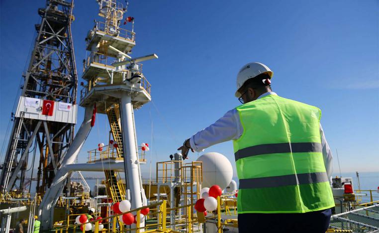 A crew member is seen on board Turkish drilling vessel Fatih off the Mediterranean resort city of Antalya
