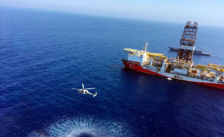 A helicopter flies near Turkey's drilling ship, 'Fatih' dispatched towards the eastern Mediterranean